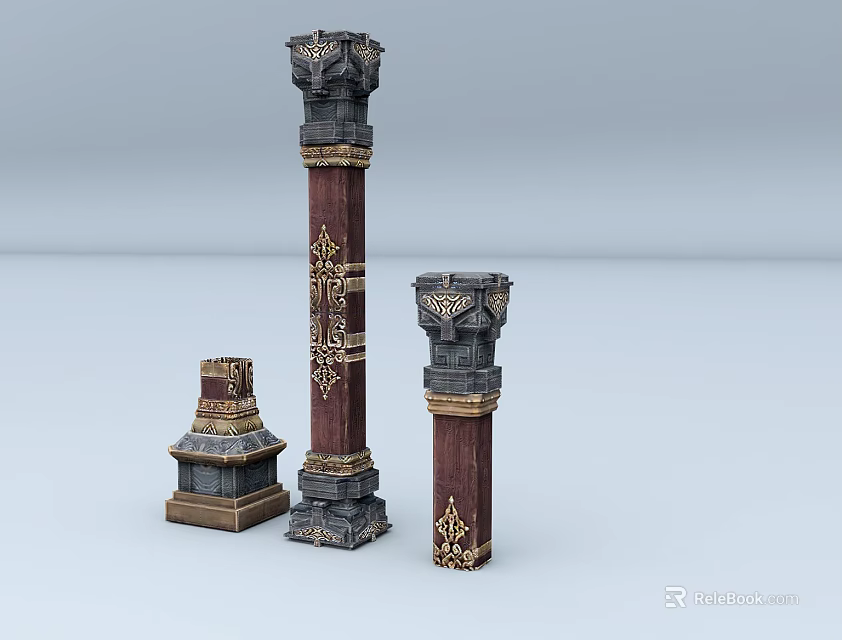 Three Decorative Columns of Different Heights with Ornate Carvings and Intricate Bases and Detailed Capitals 3d model 