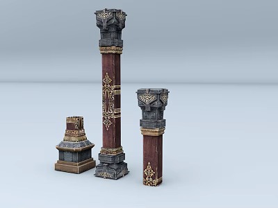 Three Decorative Columns of Different Heights with Ornate Carvings and Intricate Bases and Detailed Capitals 3d model