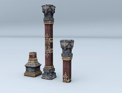 Three Decorative Columns of Different Heights with Ornate Carvings and Intricate Bases and Detailed Capitals 3d model