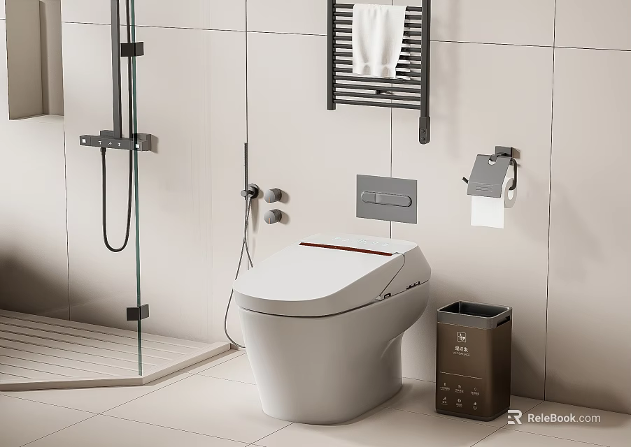 Modern Toilet In Bathroom With White Tiles Glass Shower Towel Rack And Trash Bin 3d model 