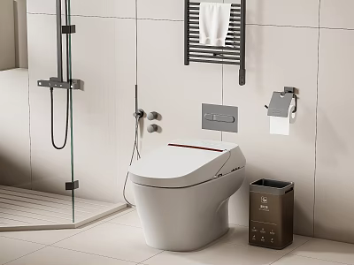 Modern Toilet In Bathroom With White Tiles Glass Shower Towel Rack And Trash Bin 3d model