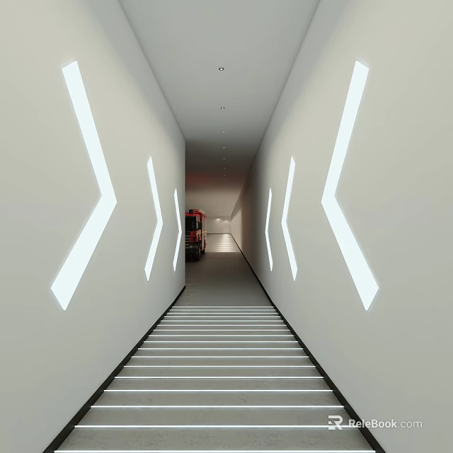 Parking Garage Long Corridor White Walls Arrow Lights Gray Floor And Red Car In Distance 3d model 