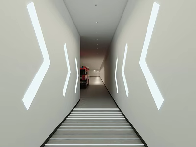 Parking Garage Long Corridor White Walls Arrow Lights Gray Floor And Red Car In Distance 3d model