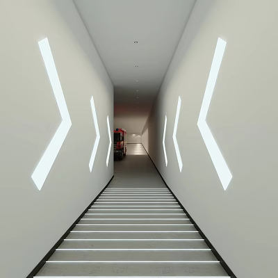 Parking Garage Long Corridor White Walls Arrow Lights Gray Floor And Red Car In Distance 3d model