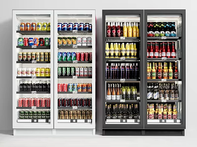 Double Door Refrigerators with Glass Doors Filled with Cans Bottles and Various Beverages 3d model