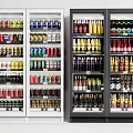 Double Door Refrigerators with Glass Doors Filled with Cans Bottles and Various Beverages