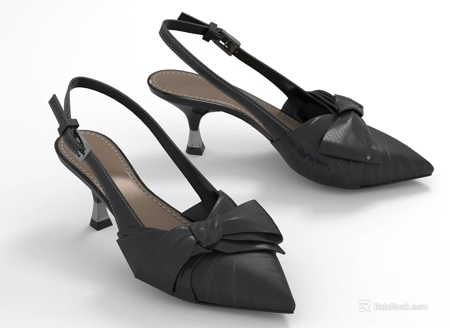 Black Stylish High Heel Shoes With Pointed Toe And Bow Slingback Design 3d model 