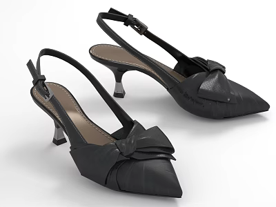 Black Stylish High Heel Shoes With Pointed Toe And Bow Slingback Design 3d model