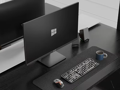 Modern Windows Computer Monitor Setup With Keyboard Mouse And Desk Accessories 3d model