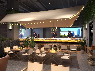 Modern Restaurant Interior With Chefs At Counter String Lights Greenery Wall And Wooden Furniture 3d model