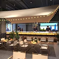 Modern Restaurant Interior With Chefs At Counter String Lights Greenery Wall And Wooden Furniture