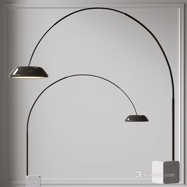 Two Modern Floor Lamps With Curved Arch Design Black Shade And White Wall 3d model 