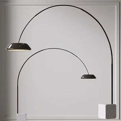 Two Modern Floor Lamps With Curved Arch Design Black Shade And White Wall 3d model