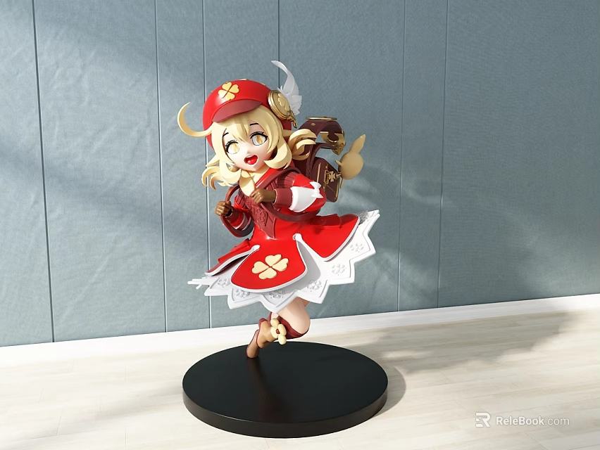 Anime Style Doll With Red Outfit Red Hat And Brown Bag On Black Base 3d model 