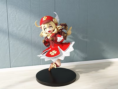 Anime Style Doll With Red Outfit Red Hat And Brown Bag On Black Base 3d model