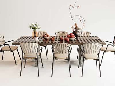 Outdoor Grid Patterned Table With Light Colored Upholstered Chairs And Decorative Vases 3d model