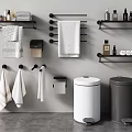 Modern Bathroom Accessories Including Black Shelves Towel Racks Towels Toiletries Tissue Holders And Waste Bins
