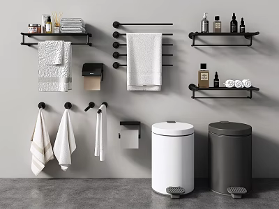 Modern Bathroom Accessories Including Black Shelves Towel Racks Towels Toiletries Tissue Holders And Waste Bins 3d model