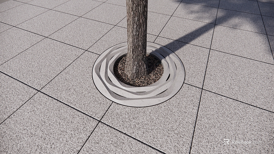White Circular Flower Planter with Layered Ring Design Around Tree Trunk on Gray Square Tiles 3d model 