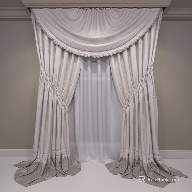 Light Colored Pleated Curtains With Inner Sheer Layer And Decorative Valance 3d model