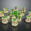 Miniature Block Buildings With Green Roofs Trees And Small Decorative Elements 3d model