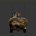 Camouflaged Military Armored Tank With Multiple Wheels Turret Mounted Gun And Antennas