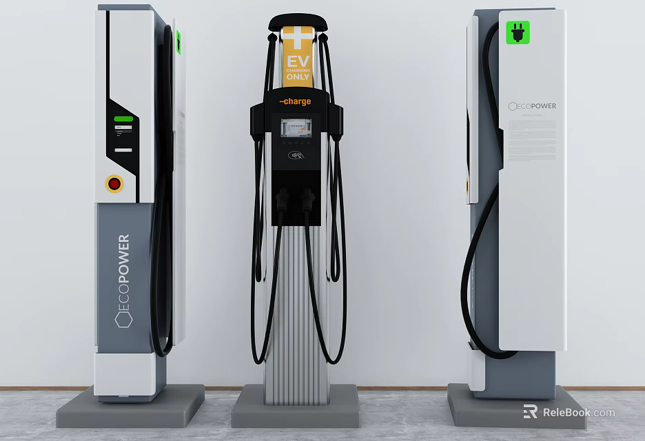 Modern EV Charging Stations With Various Designs And Electric Vehicle Chargers 3d model 