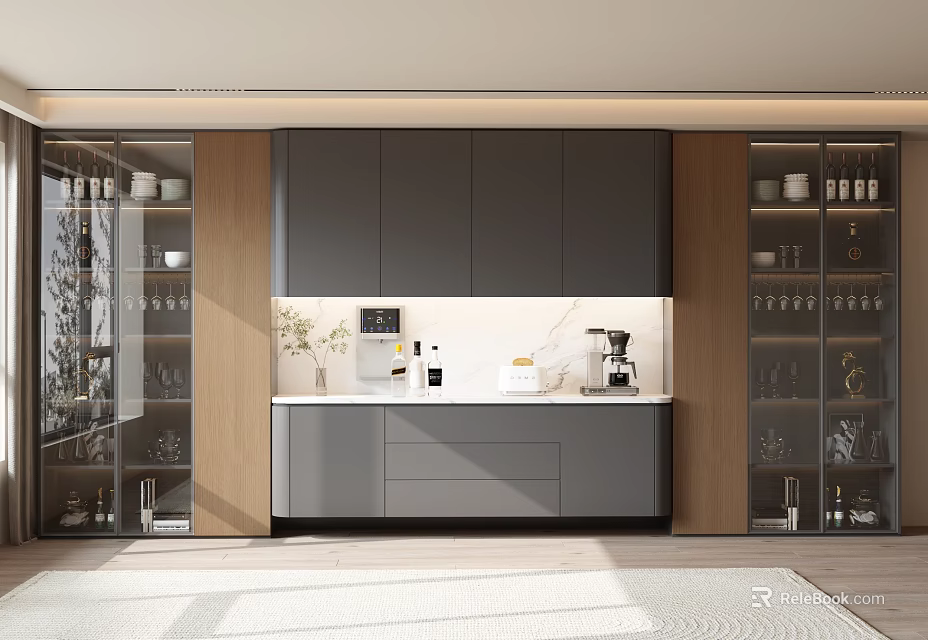 Modern Wine Cabinet With Glass Door Display Shelves And Elegant Wooden Storage Design 3d model 