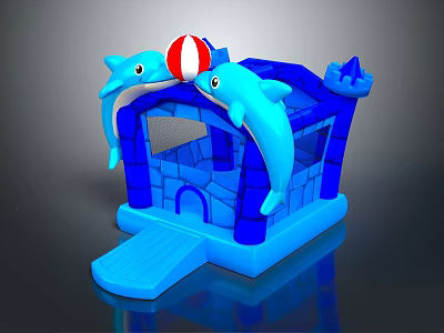 Colorful Blue Inflatable Castle with Dolphin Shapes Red and White Ball Castle Door and Step 3d model