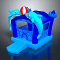 Colorful Blue Inflatable Castle with Dolphin Shapes Red and White Ball Castle Door and Step