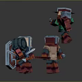 Pixelated Man Game Characters With Sword Shield Gun Arrows And Hooded Armor In Action Poses