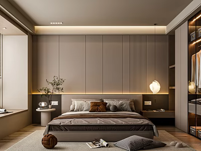 Modern Bedroom Interior With Gray Wall LED Strip Lighting Headboard Multiple Pillows And Area Rug 3d model