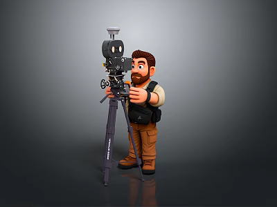 3D Cartoon Photographer Character Using Vintage Movie Camera On Tripod 3d model