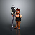 3D Cartoon Photographer Character Using Vintage Movie Camera On Tripod