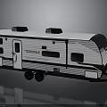 Sportsmen Towable Recreational Vehicle With White Black Striped Exterior Windows Door And Black Roof Vents