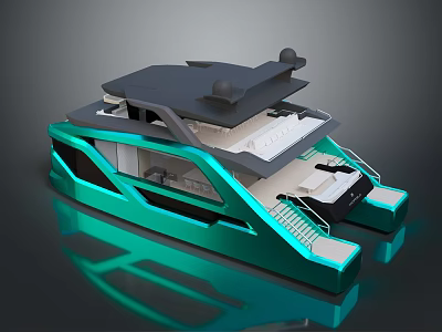 Modern Teal And Black Yacht With Sleek Exterior Upper Deck And Staircase 3d model