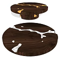 Stylish Round Dark Wooden Coffee Table Featuring Irregular Cracked Surface With Gold Silver Metal Inlay