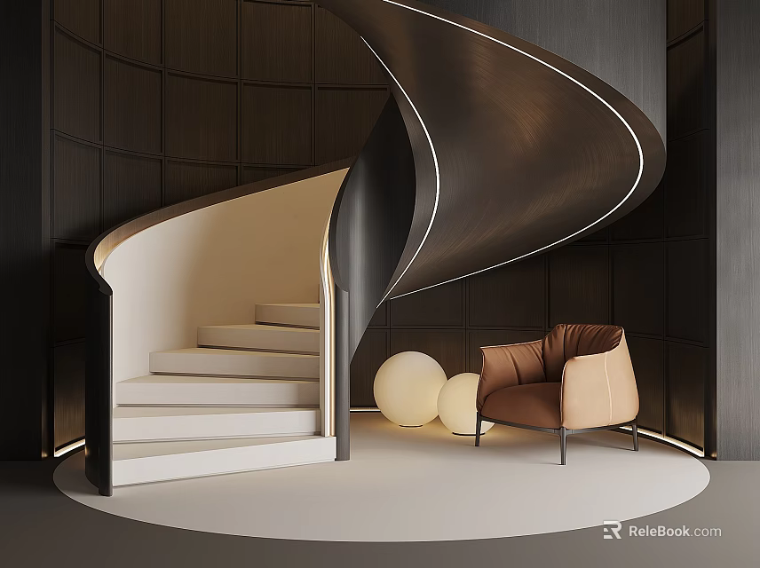 Modern Spiral Staircase Design With Dark Wooden Walls Brown Armchair And White Spherical Lamps 3d model 