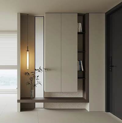 Modern Minimalist Shoe Cabinet Design With Mirror Door And Plant Shelves 3d model