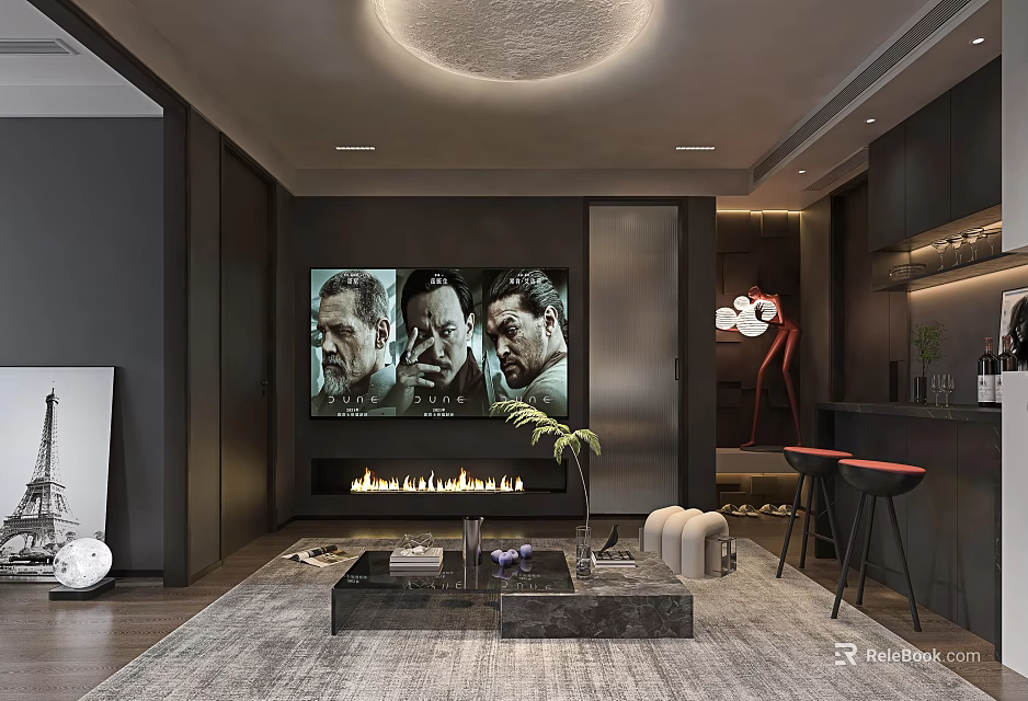 Modern Hotel Guest Room Featuring Large Screen TV Fireplace Sofa And Circular Ceiling Light 3d model 