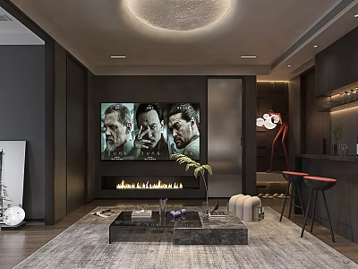 Modern Hotel Guest Room Featuring Large Screen TV Fireplace Sofa And Circular Ceiling Light 3d model