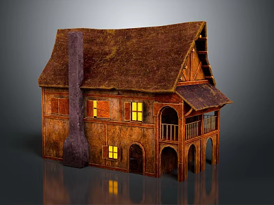 Traditional Wooden House With Thatched Roof Chimney Balcony Lit Windows And Arched Porch 3d model