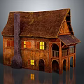 Traditional Wooden House With Thatched Roof Chimney Balcony Lit Windows And Arched Porch