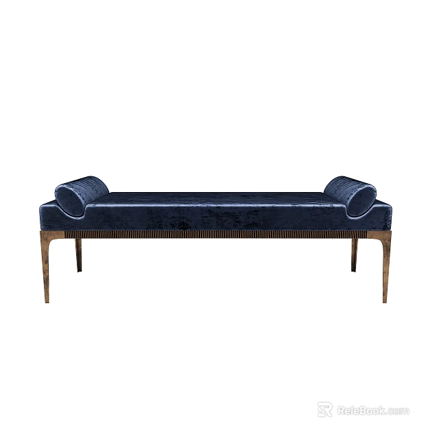 Navy Blue Velvet Ottoman Bench With Rolled Arms And Gold Metal Legs Design 3d model 