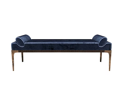 Navy Blue Velvet Ottoman Bench With Rolled Arms And Gold Metal Legs Design 3d model