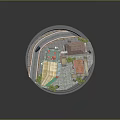 Detailed Miniature Town Scene With Various Buildings Stairs Plants And Street Lamps