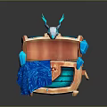 Household Decorative Orange Wooden Chest With Blue Flame Skull Glowing Interior And Blue Fabric Gems