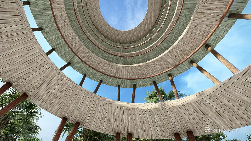 Circular Tower With Multiple Wooden Rings Open Sky View Supporting Pillars And Green Trees 3d model 