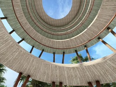 Circular Tower With Multiple Wooden Rings Open Sky View Supporting Pillars And Green Trees 3d model