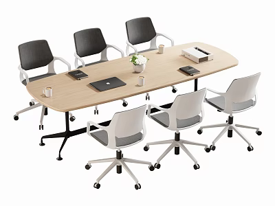 Wooden Conference Table With Black And White Swivel Office Chairs Laptop Cups And Notebooks 3d model